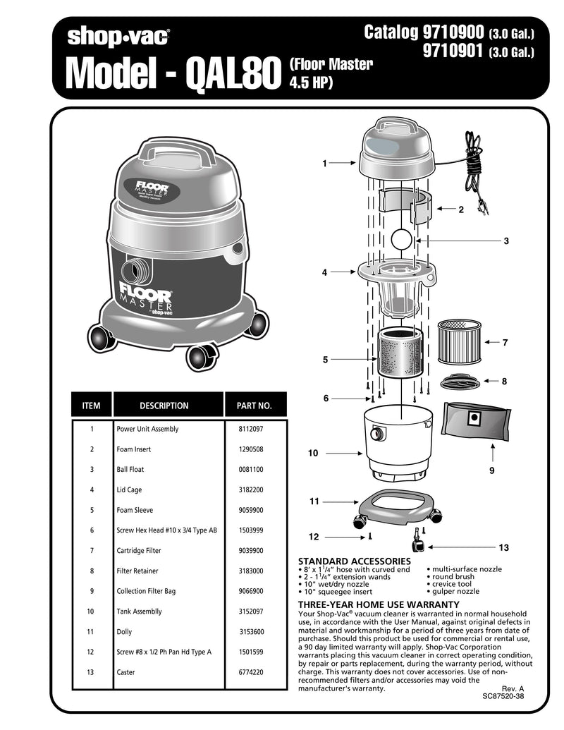 Shop-Vac Parts List for QAL80A Models (3 Gallon* Blue / Gray FloorMast